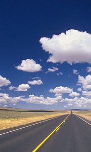 Preview wallpaper road, marking, asphalt, line, yellow, strip, clouds, roadside