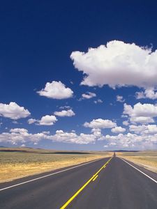 Preview wallpaper road, marking, asphalt, line, yellow, strip, clouds, roadside