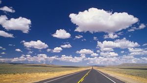 Preview wallpaper road, marking, asphalt, line, yellow, strip, clouds, roadside