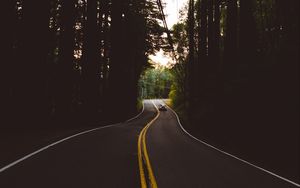 Preview wallpaper road, marking, auto, forest, trees, evening