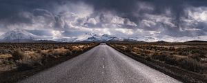 Preview wallpaper road, marking, distance, mountains, clouds