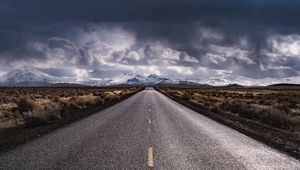 Preview wallpaper road, marking, distance, mountains, clouds