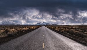 Preview wallpaper road, marking, distance, mountains, clouds