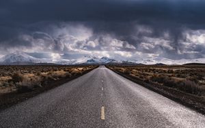 Preview wallpaper road, marking, distance, mountains, clouds