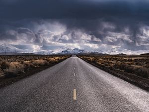 Preview wallpaper road, marking, distance, mountains, clouds