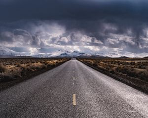 Preview wallpaper road, marking, distance, mountains, clouds