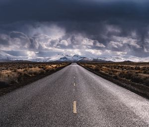 Preview wallpaper road, marking, distance, mountains, clouds