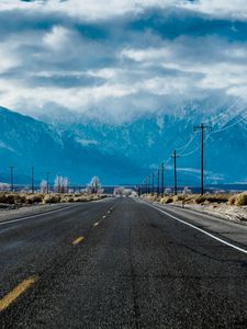 Preview wallpaper road, marking, distance, mountains, bushes