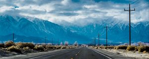 Preview wallpaper road, marking, distance, mountains, bushes