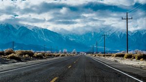 Preview wallpaper road, marking, distance, mountains, bushes