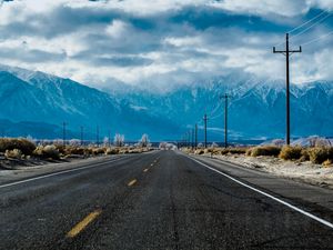 Preview wallpaper road, marking, distance, mountains, bushes