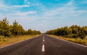 Preview wallpaper road, marking, distance, bushes, sky