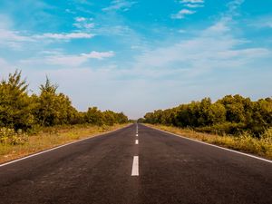 Preview wallpaper road, marking, distance, bushes, sky