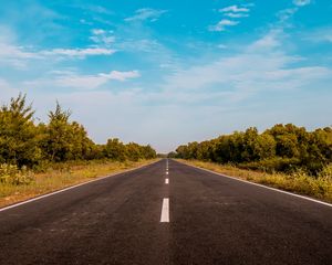 Preview wallpaper road, marking, distance, bushes, sky