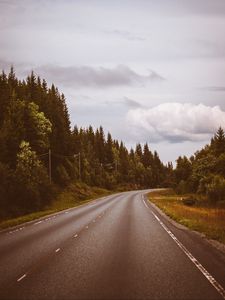 Preview wallpaper road, marking, distance, trees, forest, sky