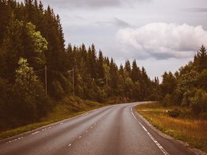 Preview wallpaper road, marking, distance, trees, forest, sky