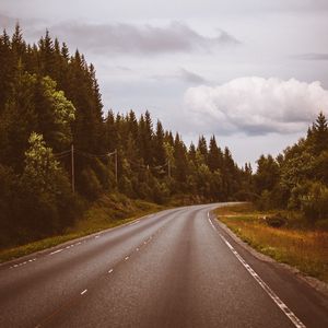 Preview wallpaper road, marking, distance, trees, forest, sky