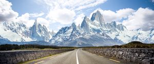 Preview wallpaper road, marking, distance, mountains, snow, snowy