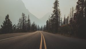 Preview wallpaper road, marking, fog, trees, sky, turn