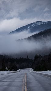 Preview wallpaper road, marking, fog, hills, trees