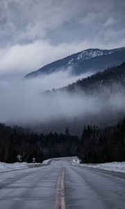 Preview wallpaper road, marking, fog, hills, trees