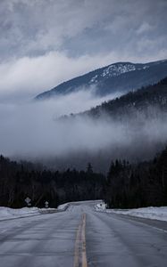 Preview wallpaper road, marking, fog, hills, trees