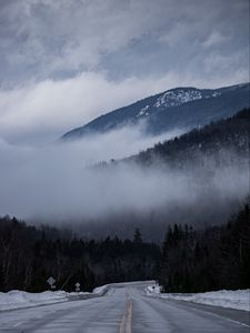 Preview wallpaper road, marking, fog, hills, trees