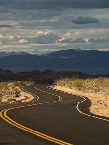 Preview wallpaper road, marking, hills, winding, distance