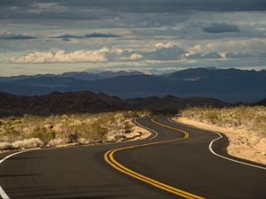 Preview wallpaper road, marking, hills, winding, distance