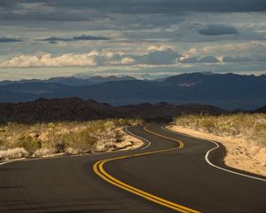 Preview wallpaper road, marking, hills, winding, distance