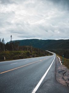 Preview wallpaper road, marking, hills, distance, trees