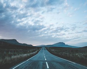 Preview wallpaper road, marking, mountains, portree, united kingdom