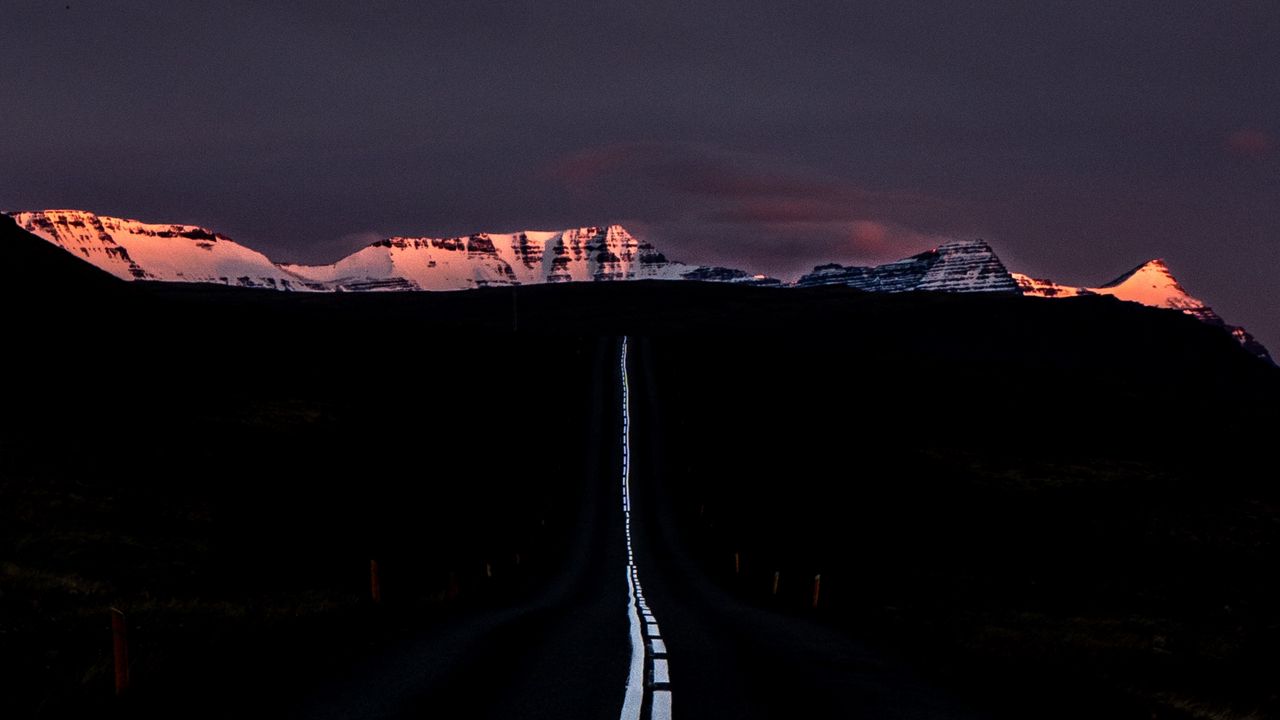 Wallpaper road, marking, mountains, horizon, dark, night, sunset