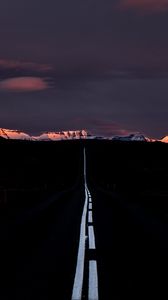 Preview wallpaper road, marking, mountains, horizon, dark, night, sunset