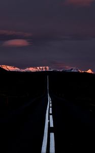 Preview wallpaper road, marking, mountains, horizon, dark, night, sunset