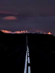 Preview wallpaper road, marking, mountains, horizon, dark, night, sunset