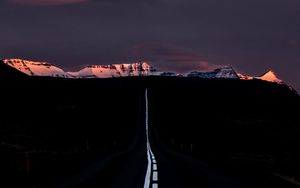 Preview wallpaper road, marking, mountains, horizon, dark, night, sunset