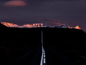 Preview wallpaper road, marking, mountains, horizon, dark, night, sunset