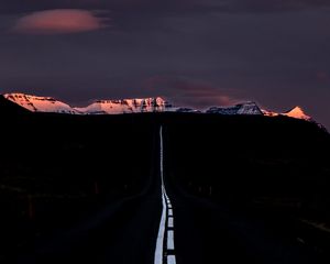 Preview wallpaper road, marking, mountains, horizon, dark, night, sunset