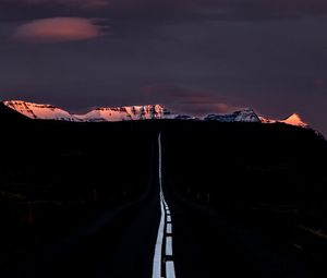 Preview wallpaper road, marking, mountains, horizon, dark, night, sunset