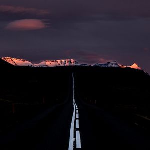 Preview wallpaper road, marking, mountains, horizon, dark, night, sunset