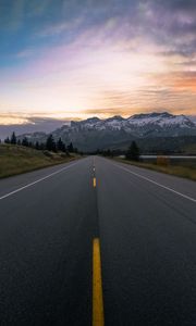 Preview wallpaper road, marking, mountains, snowy, distance