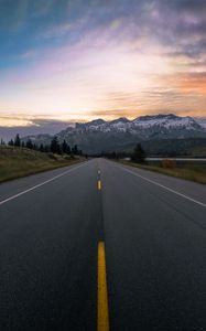 Preview wallpaper road, marking, mountains, snowy, distance