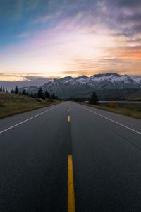 Preview wallpaper road, marking, mountains, snowy, distance