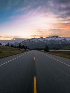 Preview wallpaper road, marking, mountains, snowy, distance