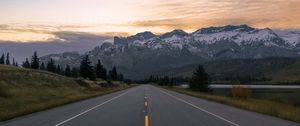 Preview wallpaper road, marking, mountains, snowy, distance