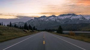 Preview wallpaper road, marking, mountains, snowy, distance