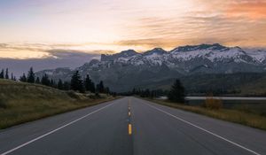 Preview wallpaper road, marking, mountains, snowy, distance