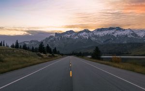 Preview wallpaper road, marking, mountains, snowy, distance