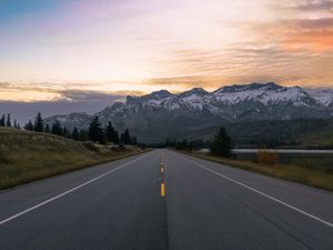 Preview wallpaper road, marking, mountains, snowy, distance